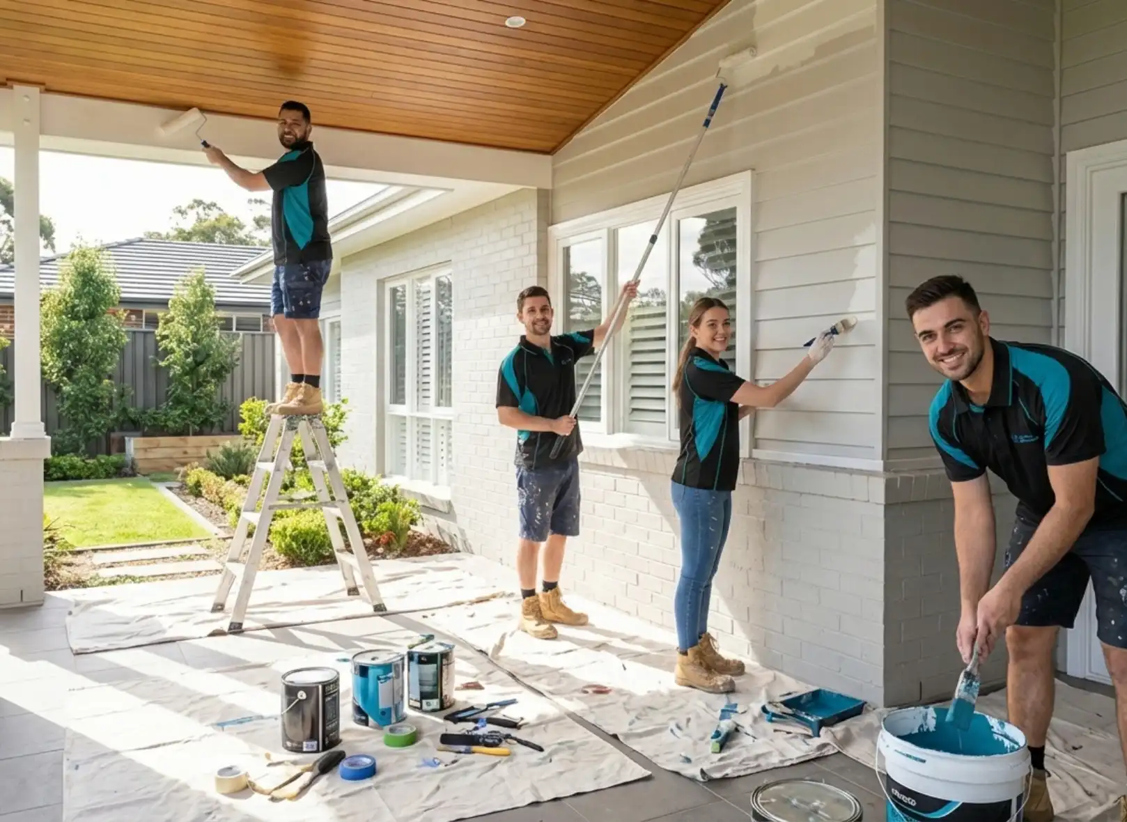 Mardo crew painting the trims and porch of a weatherboard home